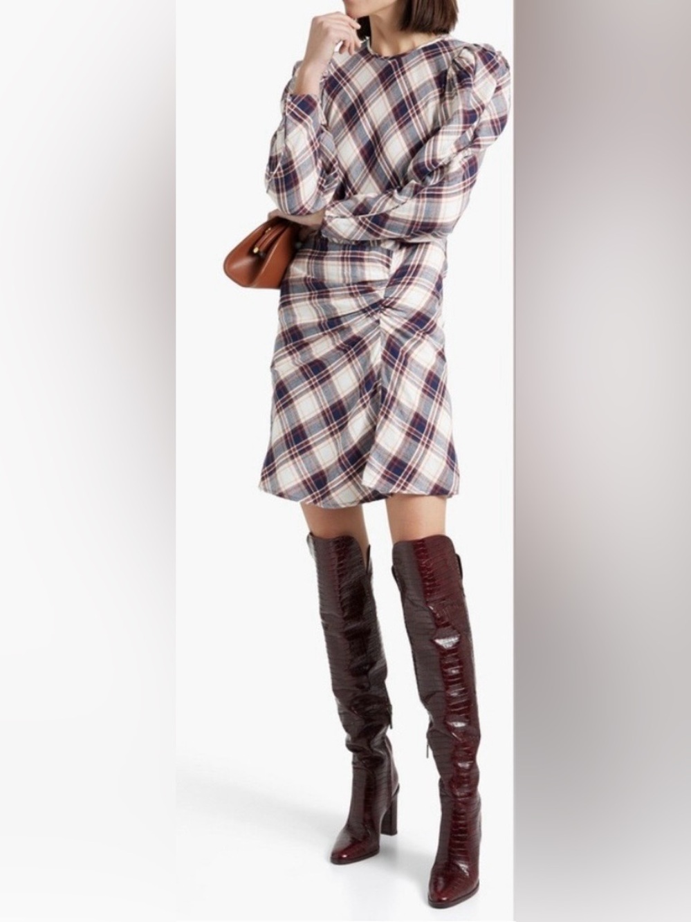 Veronica Beard Jeans Plaid Ruched Front Long-Sleeve Mini Skirt in Cream and Navy